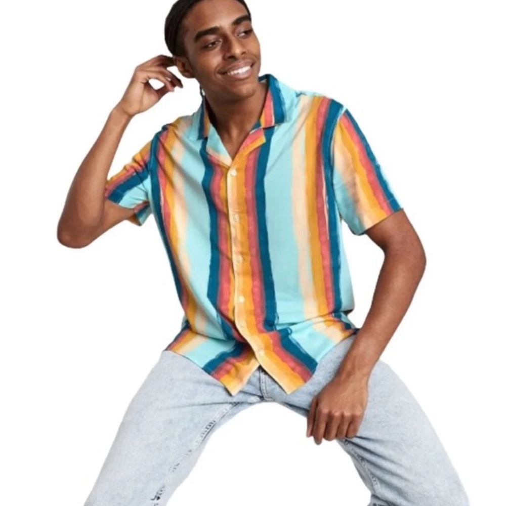 Original Use Men's Printed Short Sleeve Button-Down Shirt - Aqua - New XXL